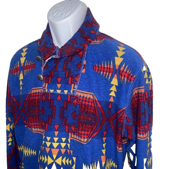 Ralph Lauren Polo Blue Red Aztec Shawl Sweater Snow Beach Stadium Size Medium - Picture 1 of 13